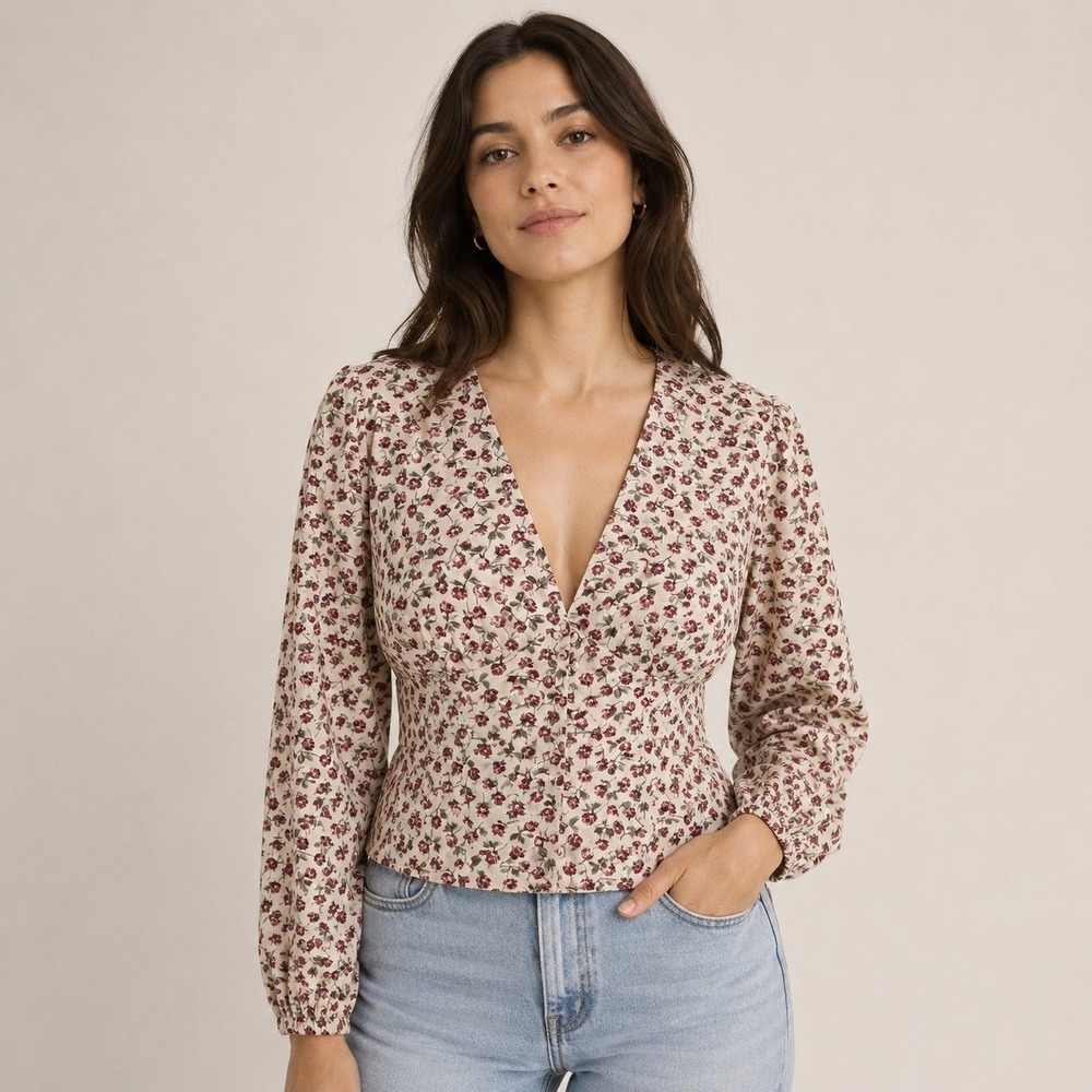 Feel In Apparel Floral Corset Crop Top Size L Cottagecore Coquette Long Sleeve
